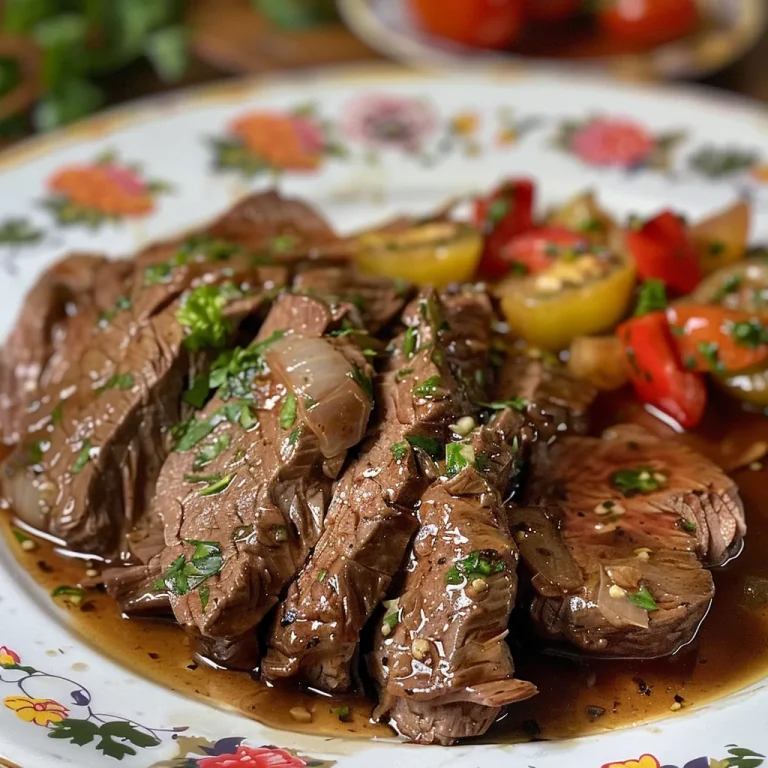 Appetizing Carne Assada garnished with sliced bell peppers and olives arranged beautifully.