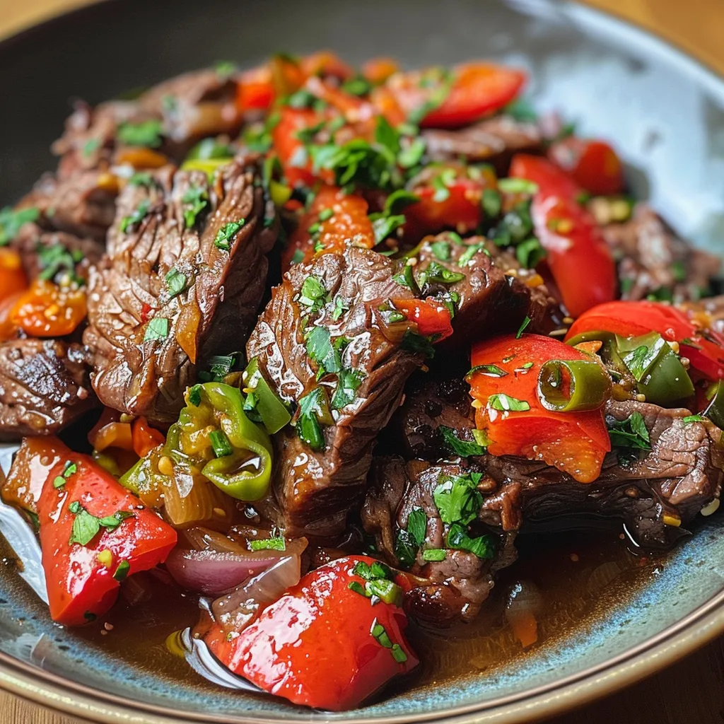 Deliciously cooked Carne Assada presented with pieces of red and yellow bell peppers.