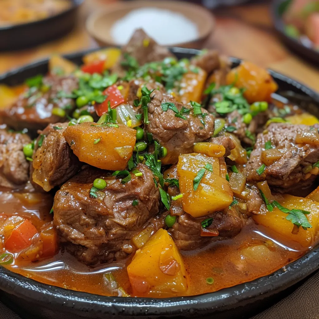 Detailed shot of carne com mandioca with a rich sauce and fresh vegetables.