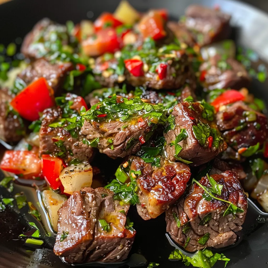 Vista lateral de carne seca ensopada em um recipiente, com mandioca e temperos visíveis.