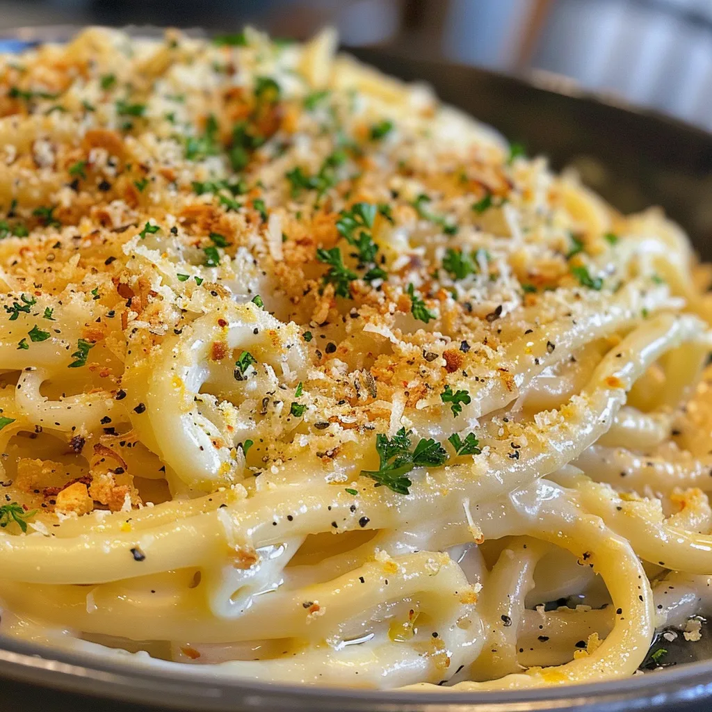 Elegant serving of spaghetti with a rich lemon cream sauce and herbs.