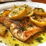 Juicy fish fillet topped with a rich butter sauce and fresh parsley on a white plate.