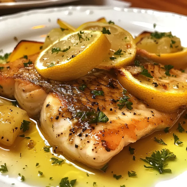 Peixe Perfeito: Delicie-se com Filé de Peixe ao Molho de Manteiga e Limão Juicy fish fillet topped with a rich butter sauce and fresh parsley on a white plate.