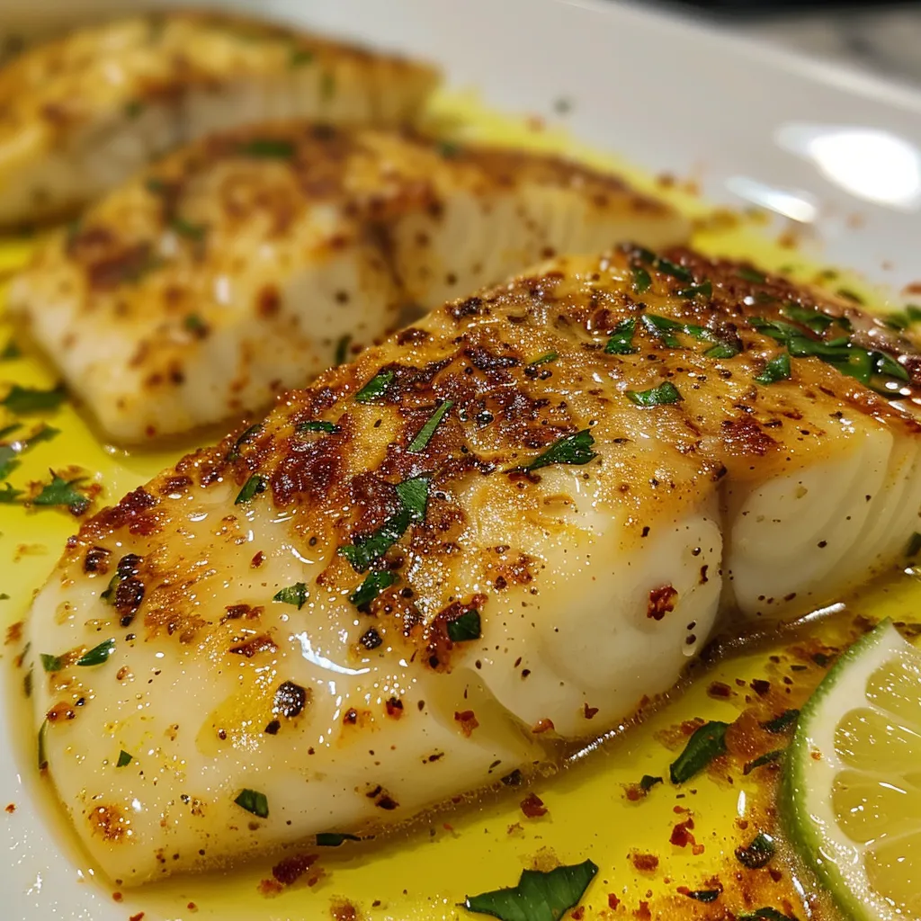 Deliciously prepared fish filet in a lemon butter sauce, beautifully plated for presentation.