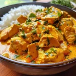 Close de Frango ao Curry servido em prato raso, com arroz ao lado e colorido pelo molho.