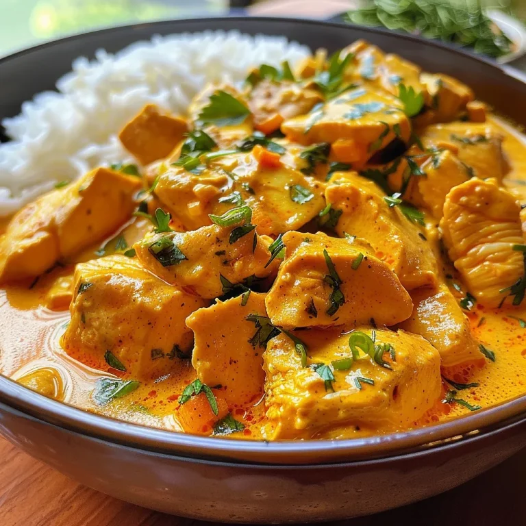 Close de Frango ao Curry servido em prato raso, com arroz ao lado e colorido pelo molho.