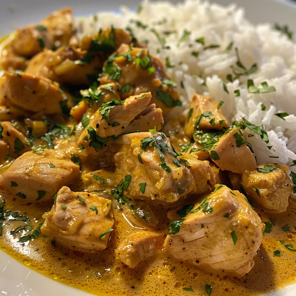 Frango ao Curry em foco, evidenciando os ingredientes como cebola e alho picados no molho.