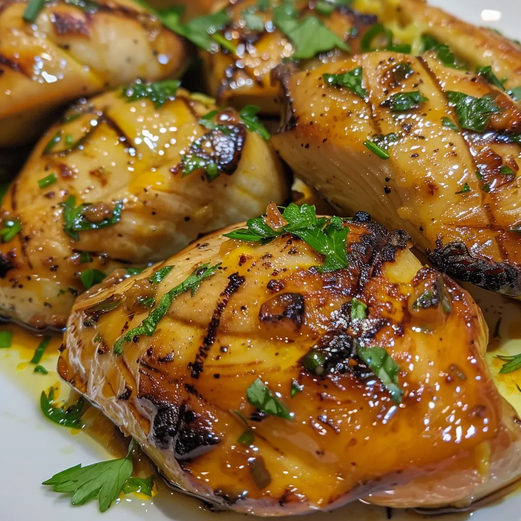 Delicious plate of chicken with a golden sauce, surrounded by fresh vegetables on a white dish.