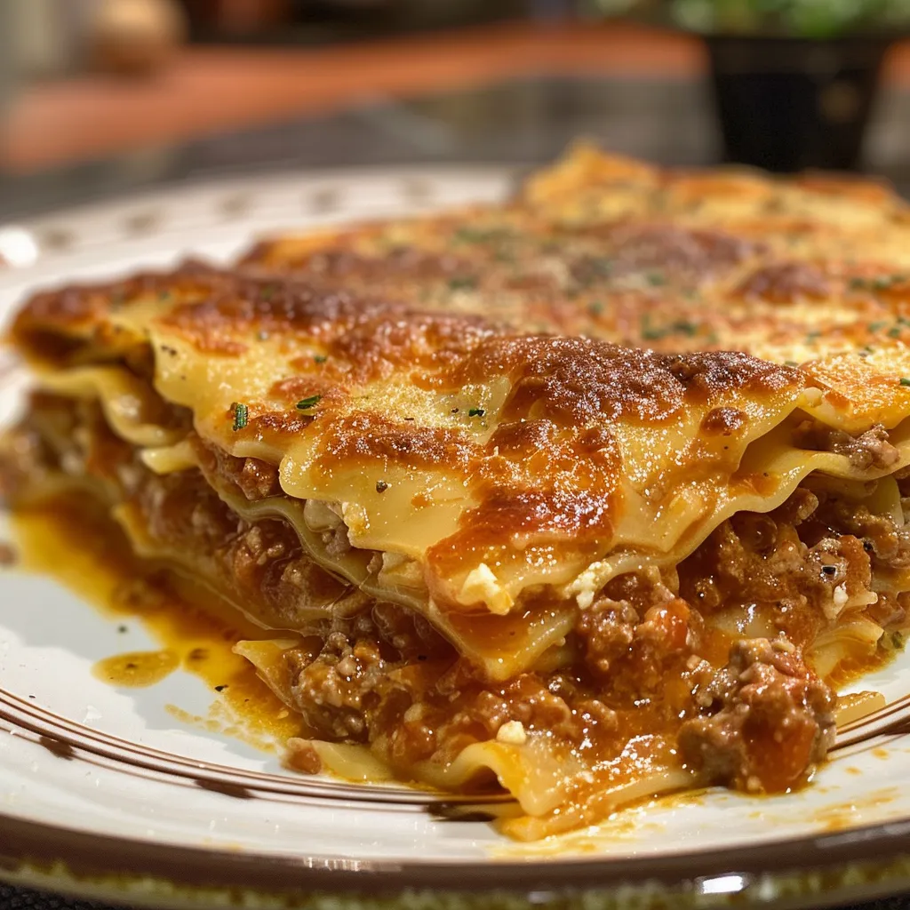 Visual lateral de uma lasanha caseira, mostrando a textura cremosa e ingredientes.