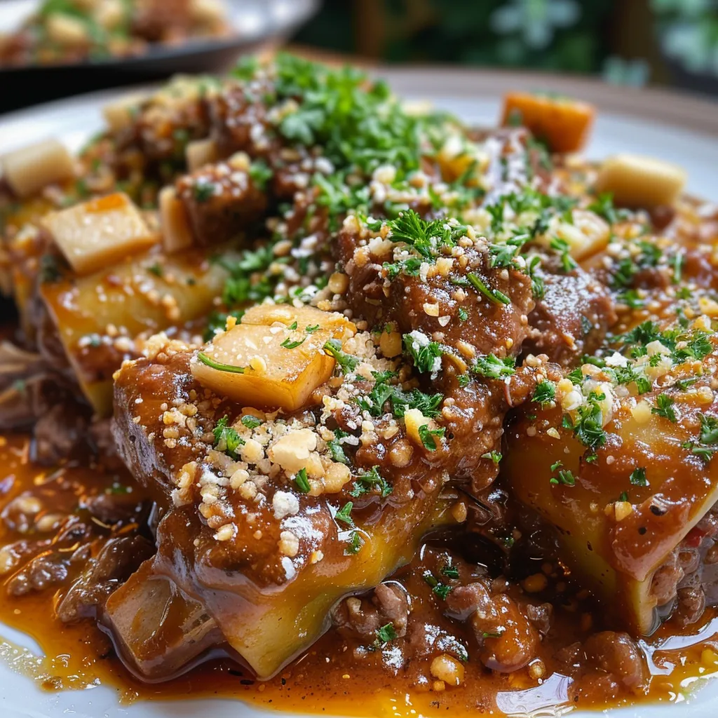 Lasanha de carne moída em detalhe, com camadas visíveis de molho e queijo gratinado.
