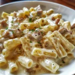 Detailed image of Macarrão ao Molho Branco, highlighting creamy texture and ingredients.