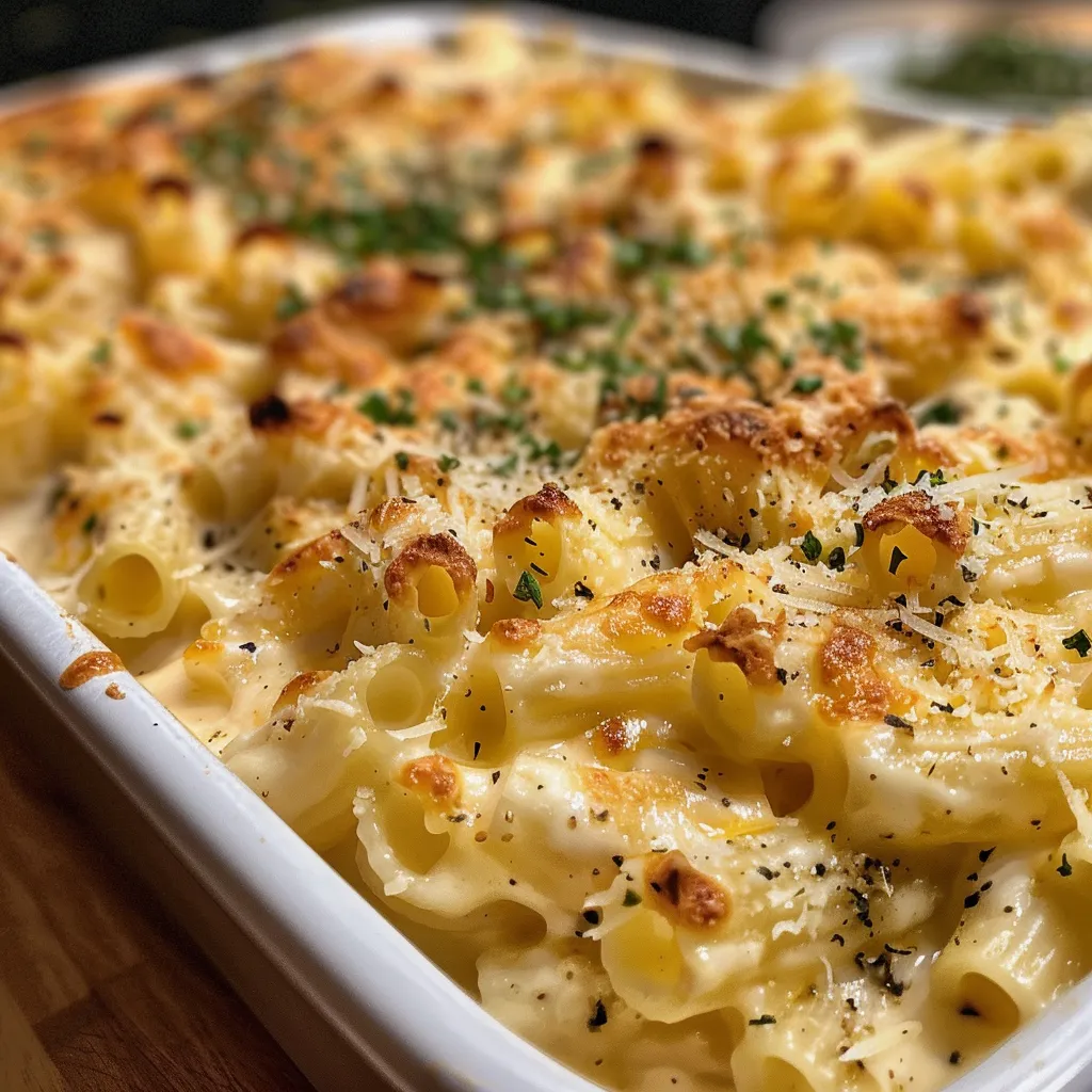 Close-up shot of Macarrão ao Molho Branco served in a plate, focusing on pasta and sauce.
