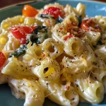 Prato de macarrão junto a espinafre e pedaços de tomate cereja.
