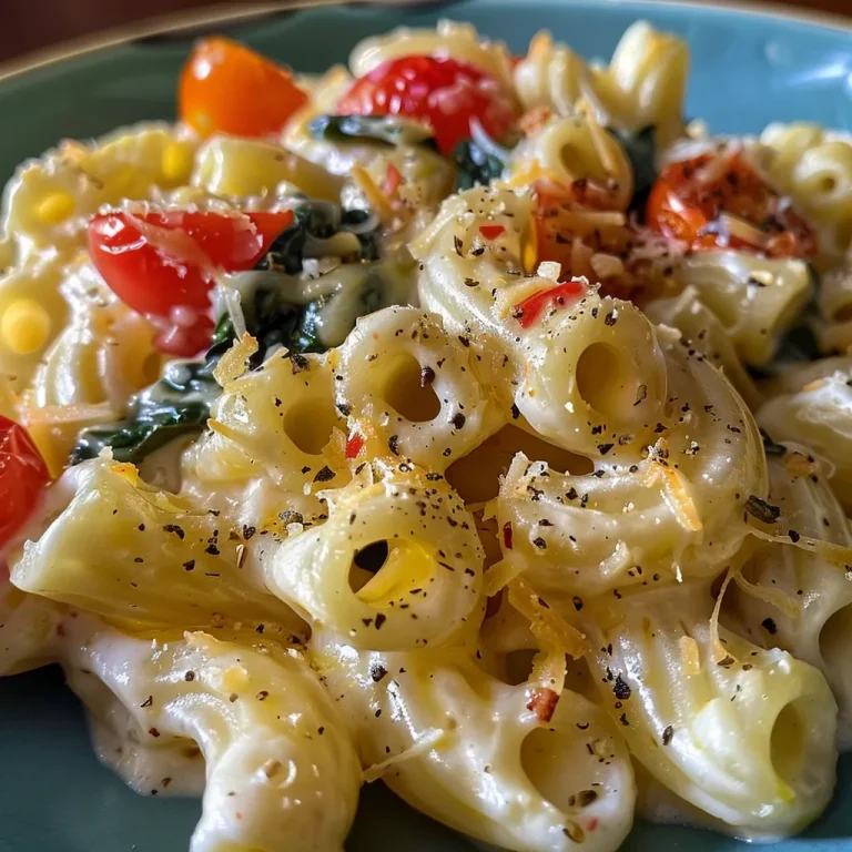 Prato de macarrão junto a espinafre e pedaços de tomate cereja.