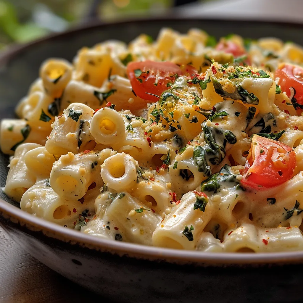 Visão lateral de macarrão com espinafre e tomates em um prato.
