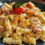 A delicious serving of Macarrão com Frango Grelhado, highlighting the chicken and pasta.