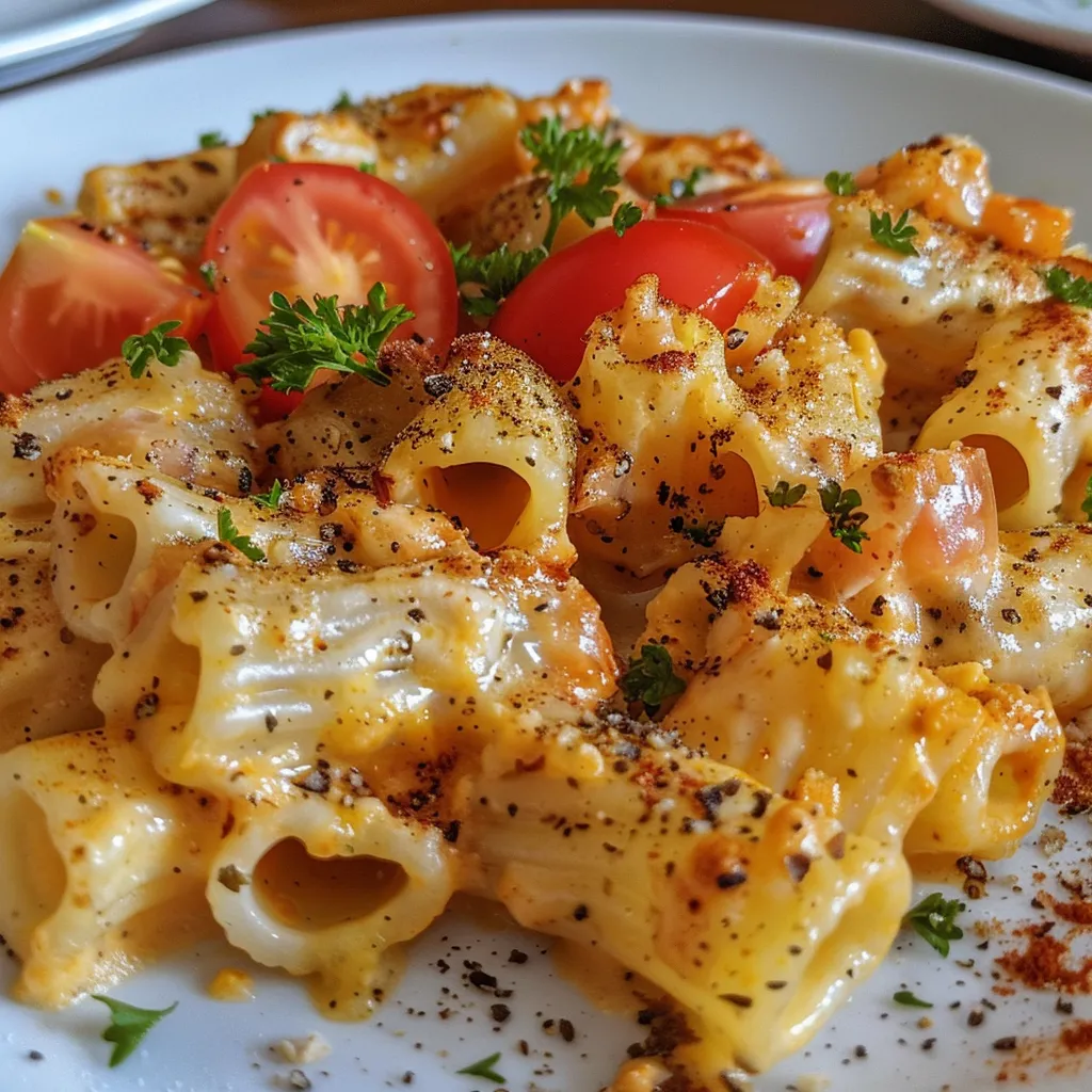 Detailed view of Macarrão com Frango Grelhado, with fresh vegetables and herbs.