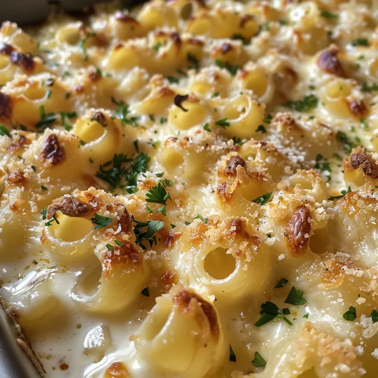 Porção de macarrão com queijo, mostrando a textura cremosa e ingredientes.