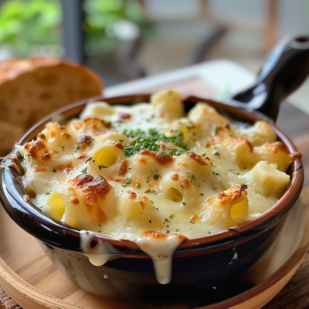 Macarrão com queijo derretido, servido em um prato raso.
