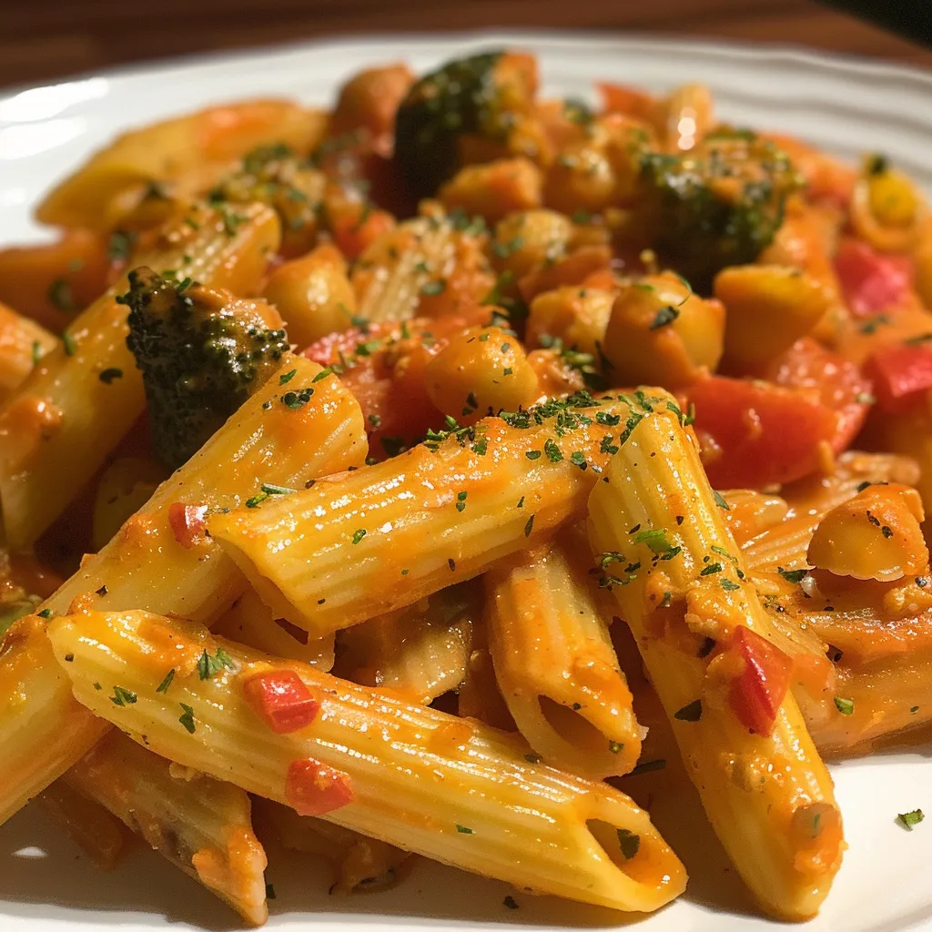 Delicious plate of penne pasta topped with a rich vegetable cream sauce.