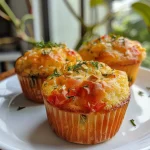 Muffin salgado com queijo, tomate e manjericão, capturado com detalhes.