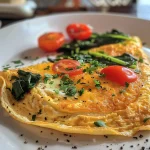 Omelete colorida com espinafre e tomates cereja em uma superfície plana.