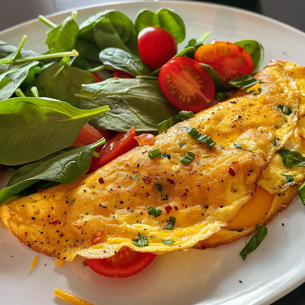 Detalhe de omelete com queijo cheddar e pimentos, vista lateral.