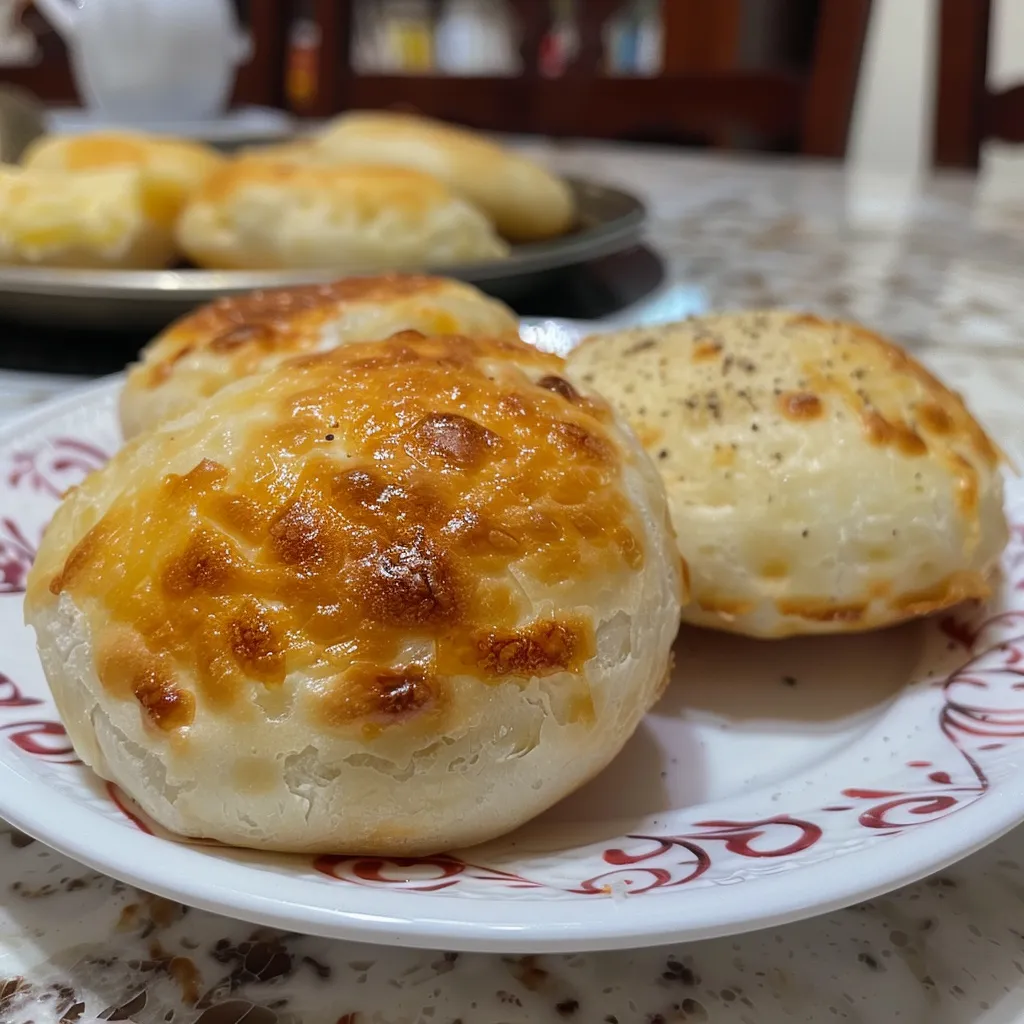 Imagem de Pão de Tapioca com queijo e requeijão, textura apetitosa.