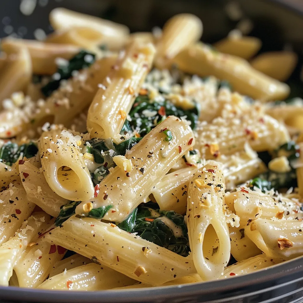 Juicy penne pasta in a creamy sauce with baby spinach and parmesan.