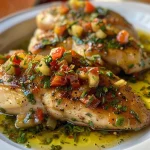 Close-up de peito de frango recheado, com textura suculenta e ingredientes frescos ao fundo.