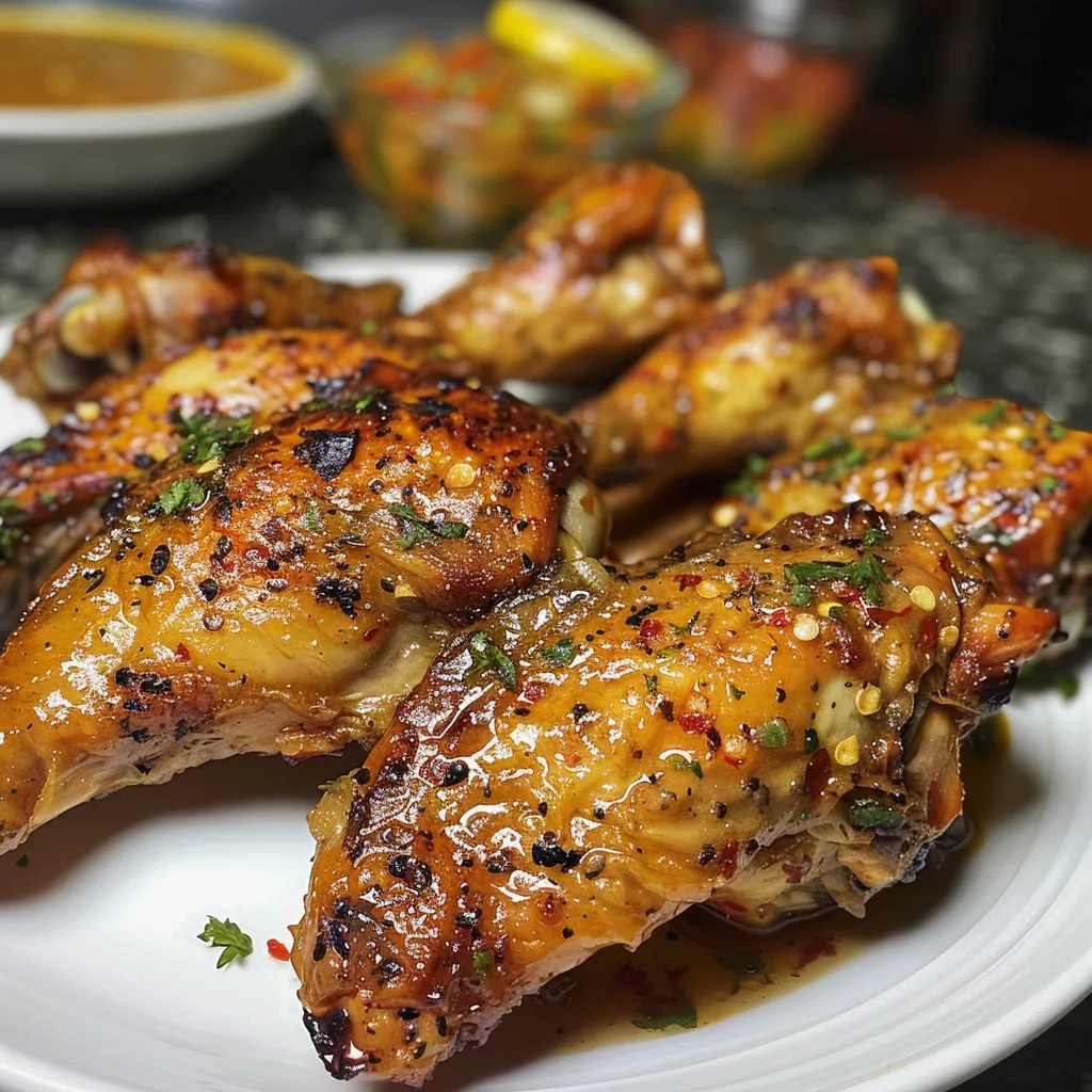 Peitos de frango preparados com ervas e limão, servidos em uma superfície clara.