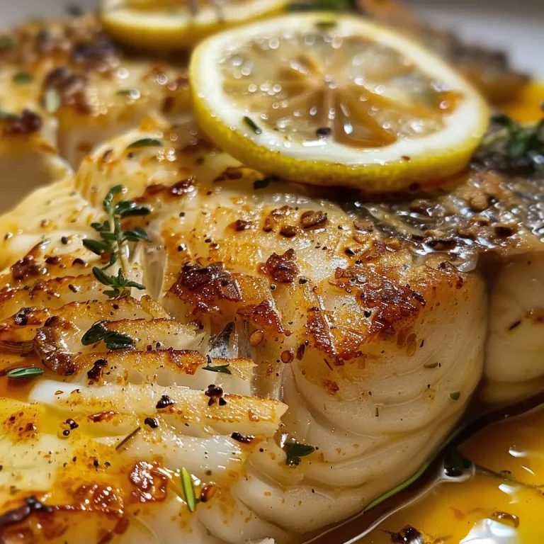 Detailed image of a fish dish featuring herbs and lemon slices.