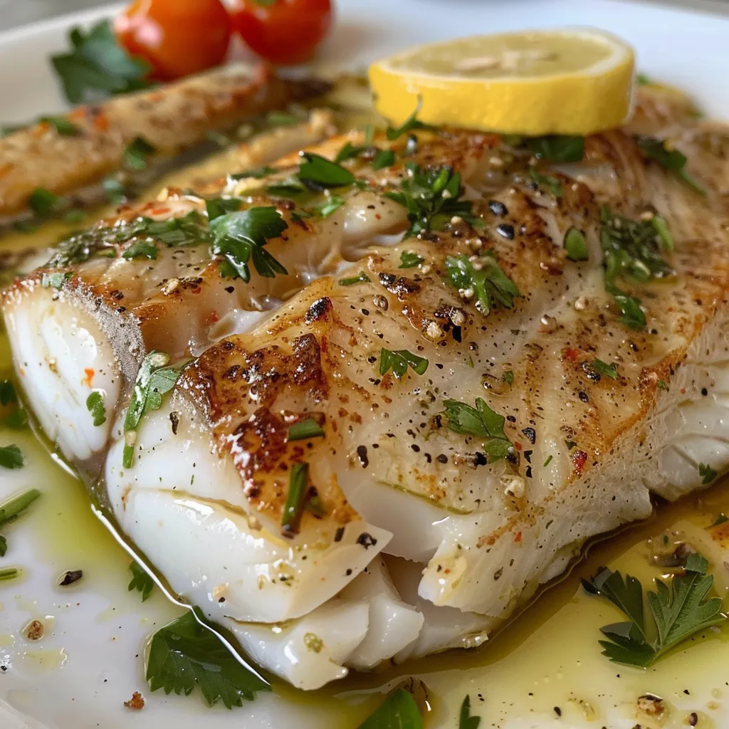 Close-up of white fish fillets served with a vibrant lemon sauce.