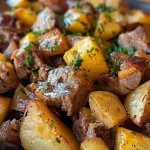 Delicious Picadinho de Carne with chunks of meat, diced potatoes, and sliced carrots displayed attractively.