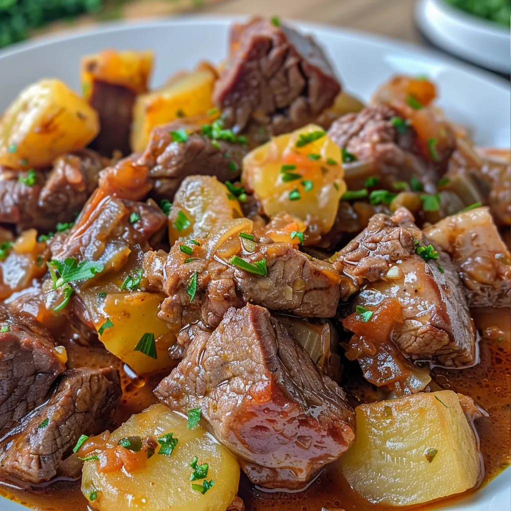 A hearty portion of Picadinho de Carne with vegetables, highlighting its rich textures and colors.