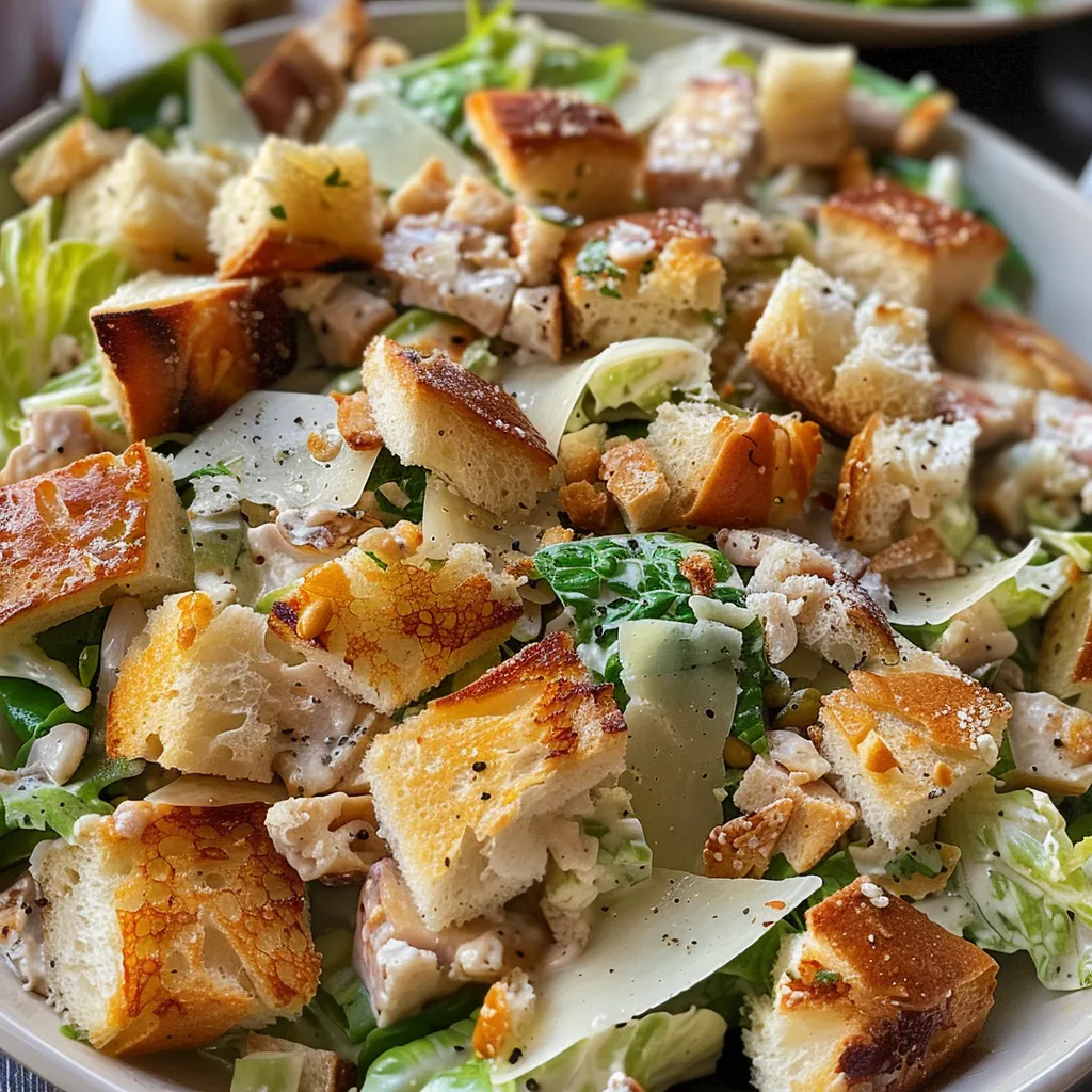 Detailed image of Caesar salad with chicken, highlighting lettuce, anchovies, and Parmesan cheese.