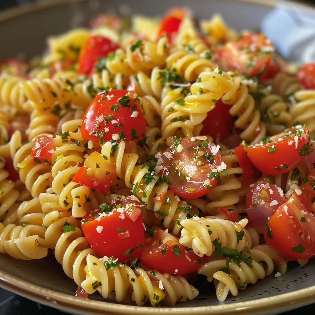 Imagem detalhada de uma salada fresca com fusilli e legumes, ideal para uma refeição saudável.