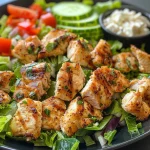 Prato de salada saudável de frango com ingredientes frescos e molho cremoso.