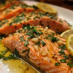 Side view of salmon fillet, glistening with olive oil and lemon zest.
