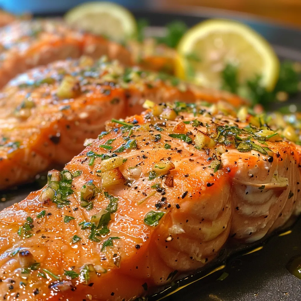 A detailed look at a perfectly cooked salmon fillet with lemon and herbs.