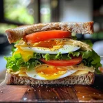 Sanduíche de ovos com ingredientes frescos, visto de lado.