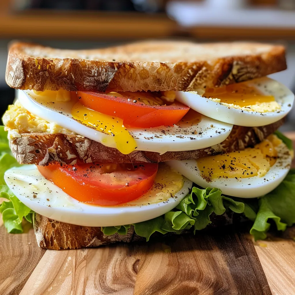 Detalhe de um sanduíche de ovos com pão dourado e vegetais.