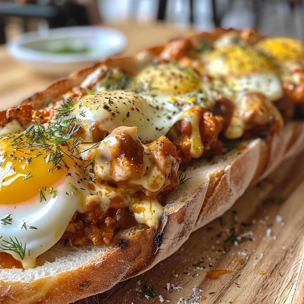 Vista lateral de um sanduíche com ovo cozido e cebolinha.