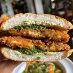 Sanduíche recheado com frango, iogurte e vegetais frescos, capturado em close-up.