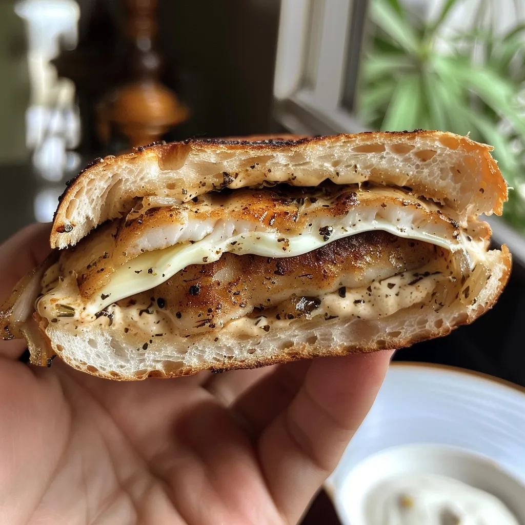 Close de um sanduíche natural com frango e iogurte, repleto de cores vibrantes dos ingredientes.