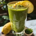 Imagem de um copo de Smoothie Verde Detox, servido com gelo e decoração de frutas.