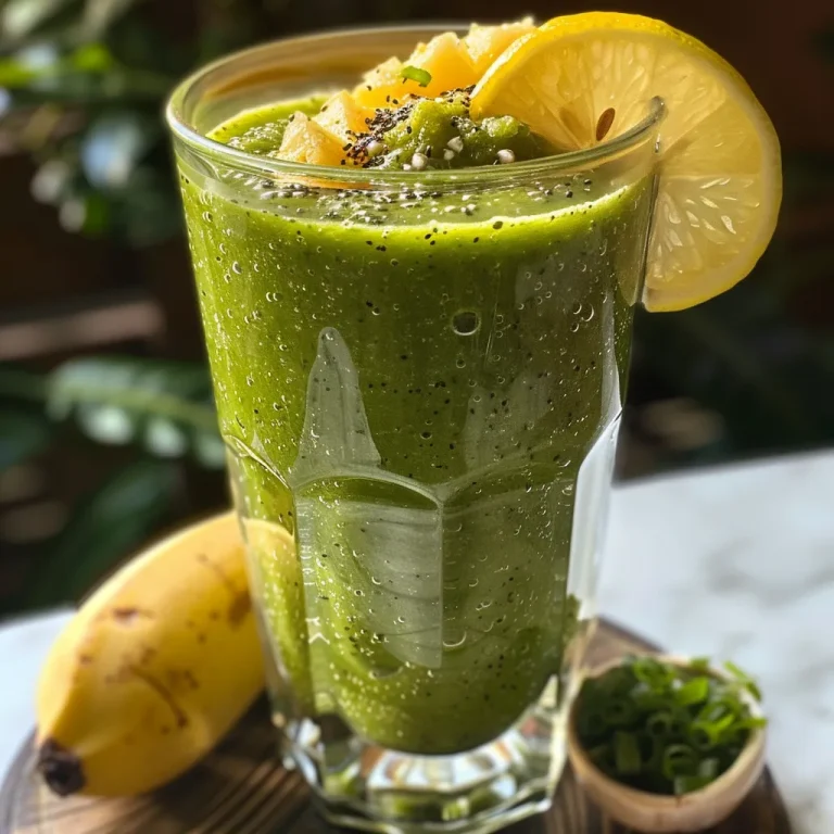 Imagem de um copo de Smoothie Verde Detox, servido com gelo e decoração de frutas.