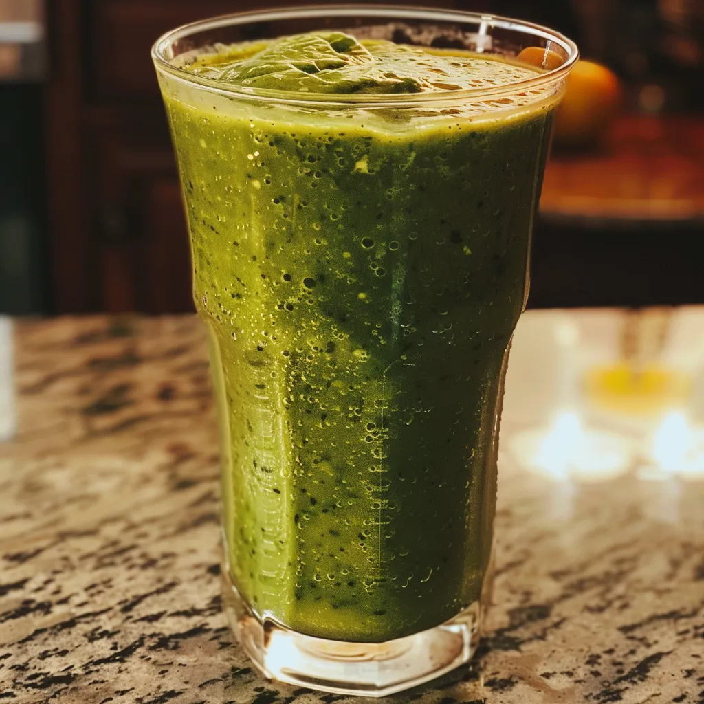 Visão lateral de um Smoothie Verde Detox, com espinafre e frutas visíveis.