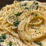 Juicy spaghetti interspersed with green spinach sauce, highlighted with garlic.
