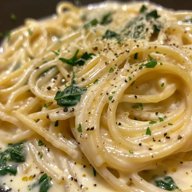 Juicy spaghetti interspersed with green spinach sauce, highlighted with garlic.